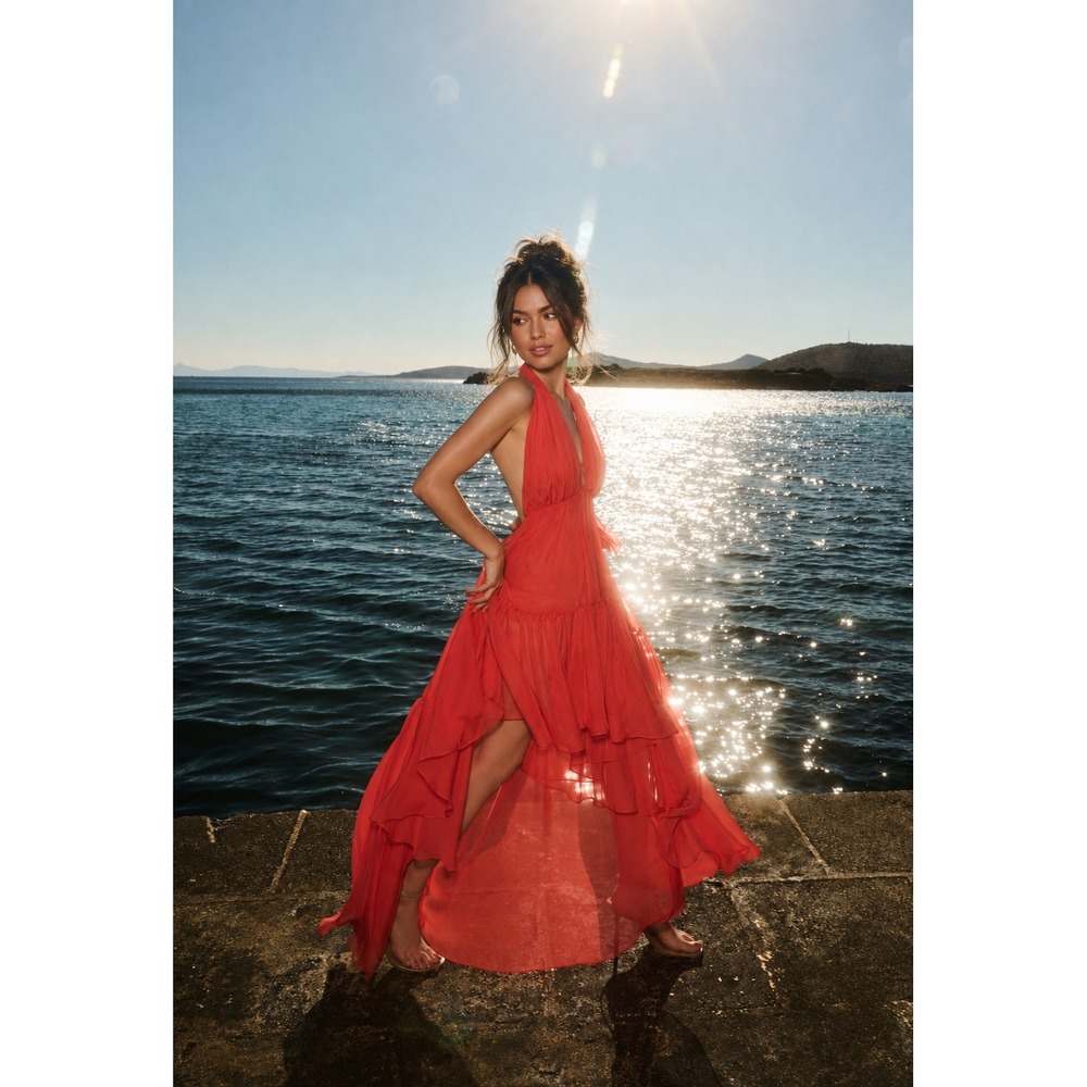 BARDOT Women's New XXL US 12 Fire Red Halter Leona High Low Ruffle Dress 59861D8
